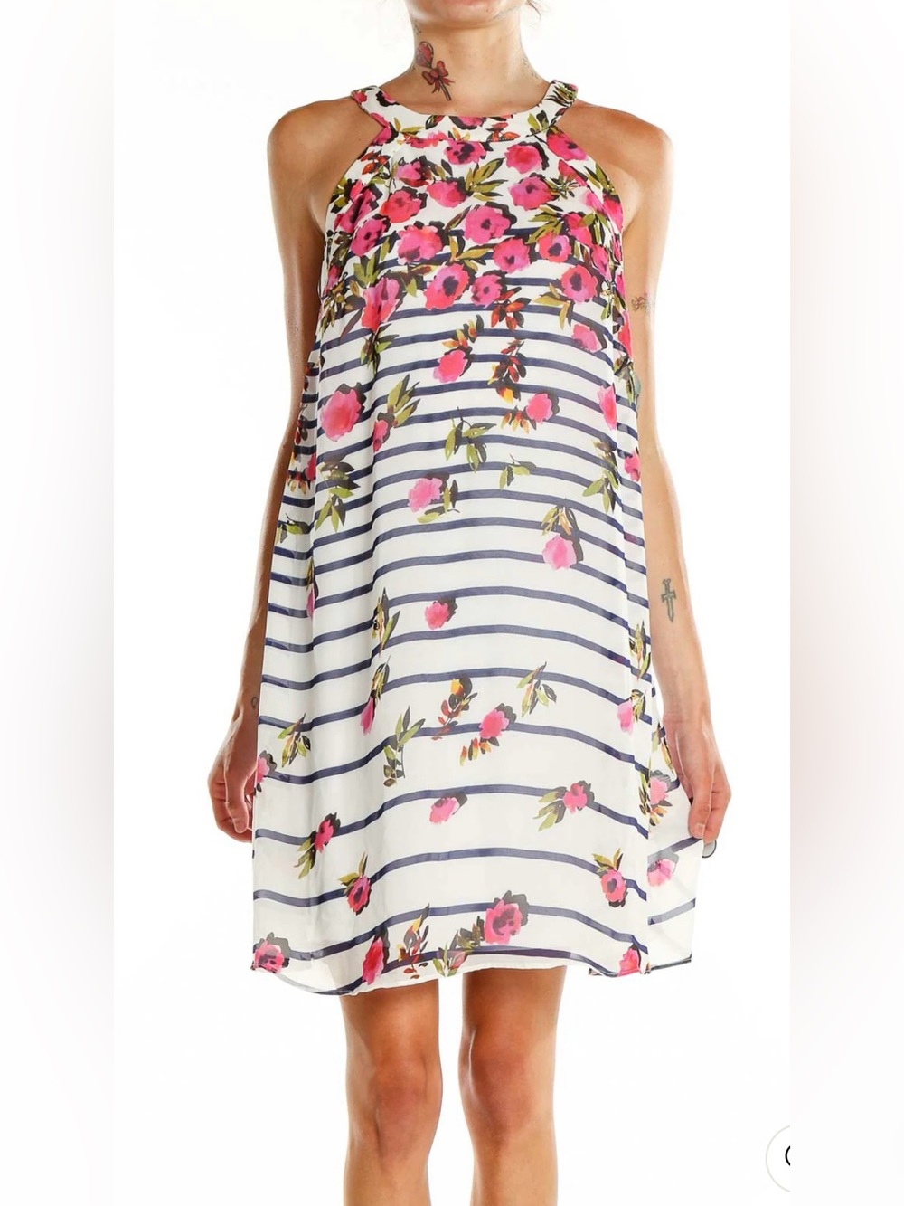 Betsey Johnson Sleeveless Halter Chiffon Pink Floral Print Blue Striped Dress